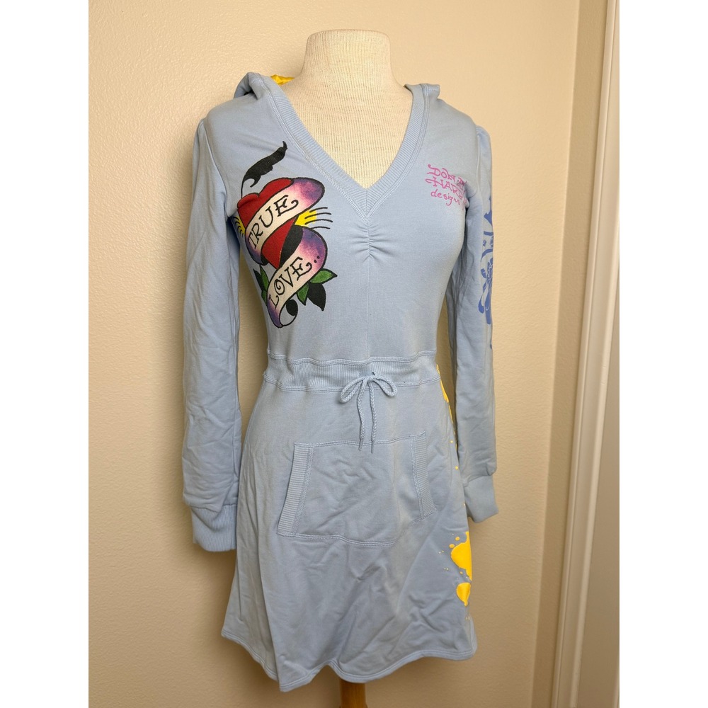 Ed Hardy True Love Cross Hoodie Dress Light Blue Graphic Y2K 8002-LM Womens M